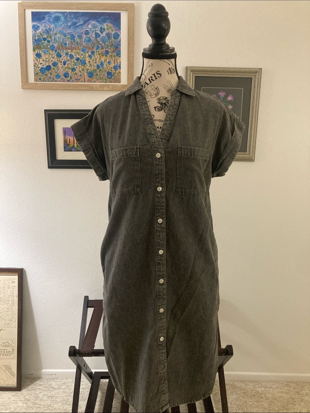 carbon2cobalt Washed Black Button-Front Shirt Dress Size XS